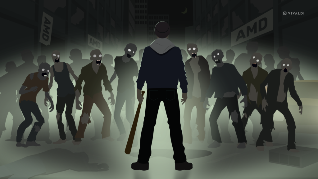 Army of zombies approaching a single person holding a baseball bat. In the background buildings with "AMD" signs.